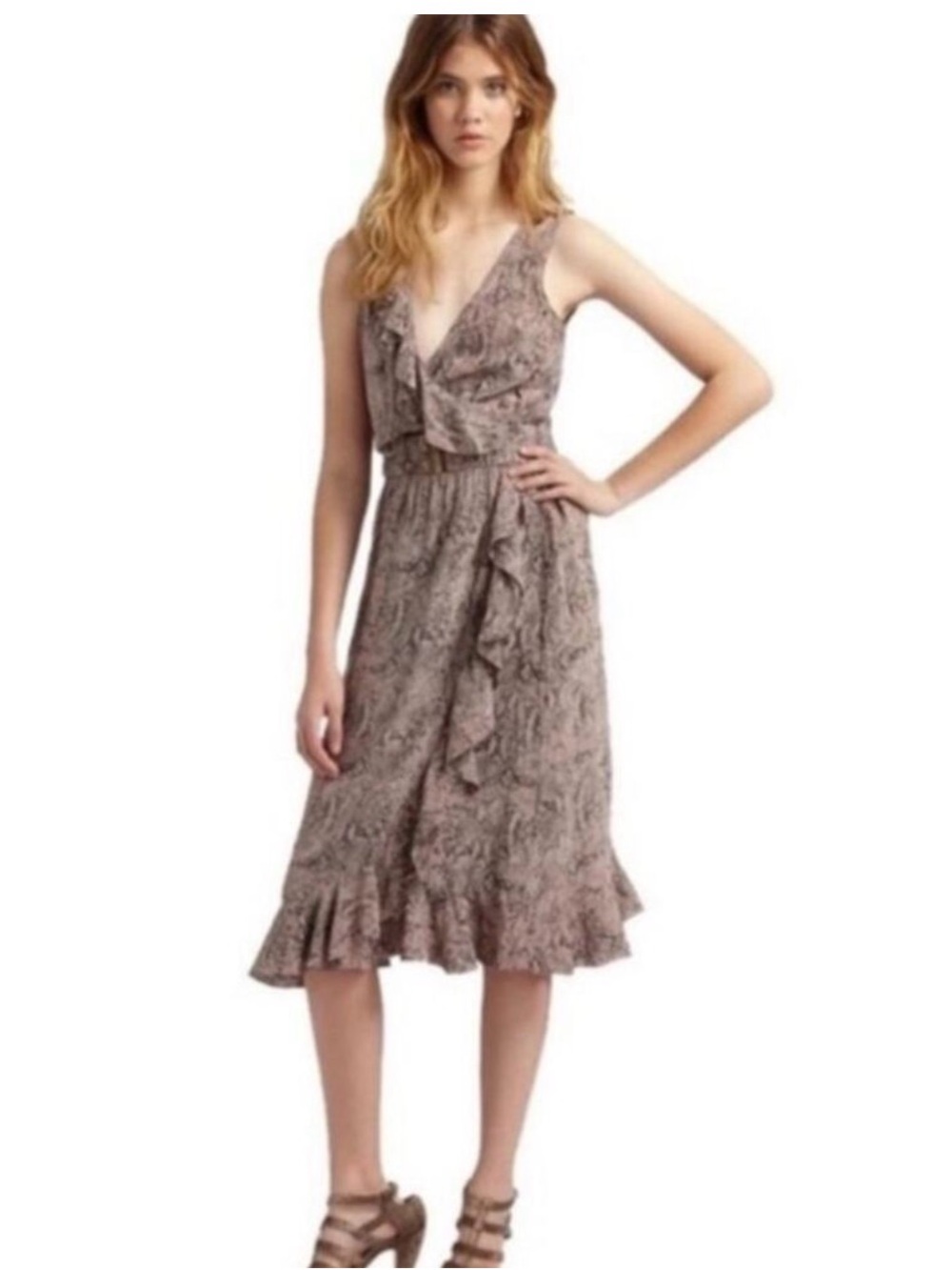 Rebecca Taylor Silk Snake Python Print Ruffle Wrap Midi Dress Size 10 Belted